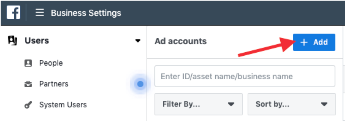 Facebook settings: Add ad accounts